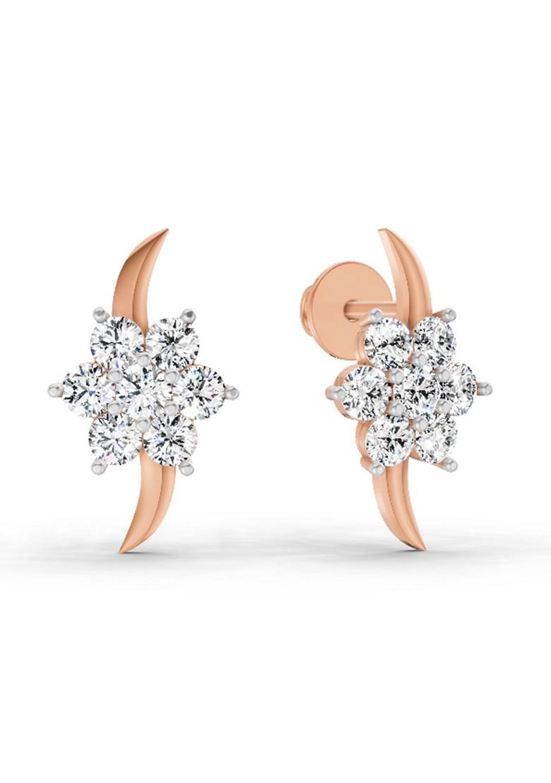 14Kt Rose Gold Lab Grown Diamond 0.97 Carat Round Flower Stud Earrings For Women