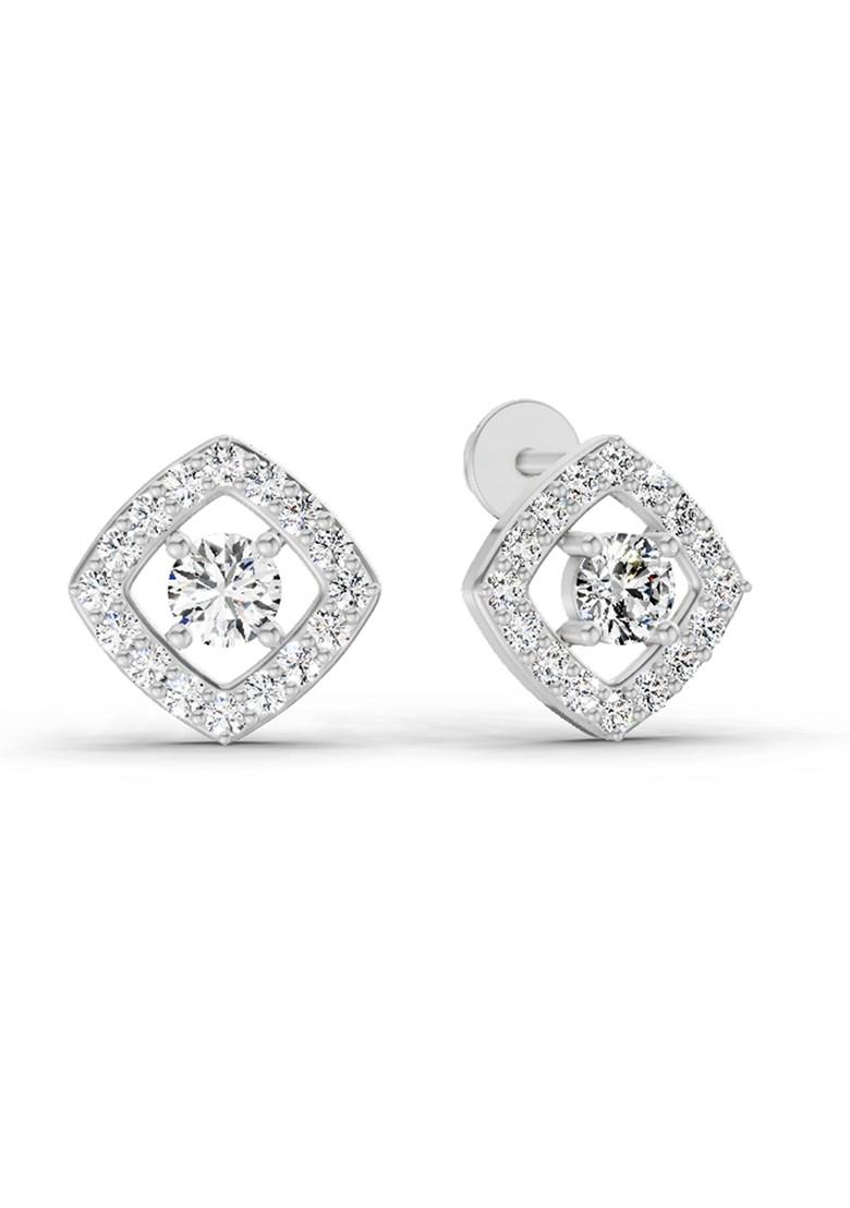 14Kt White Gold Lab Grown Diamond 0.76 Carat Square Halo Stud Earrings For Women