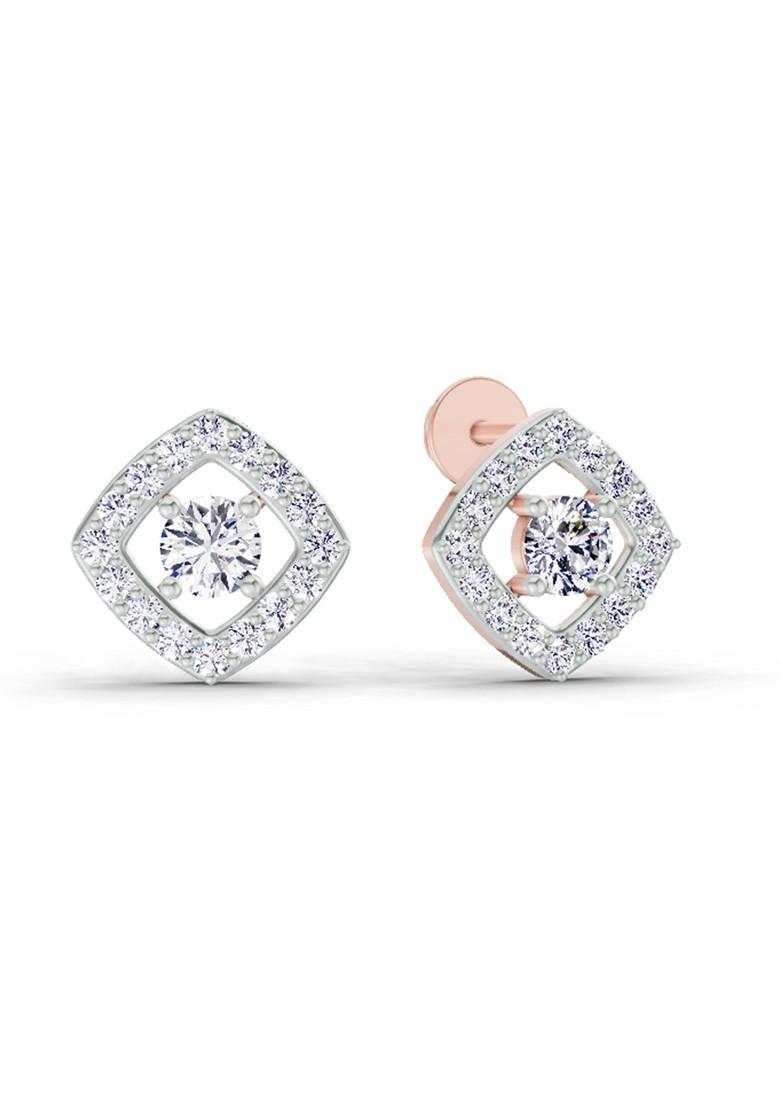 14Kt Rose Gold Lab Grown Diamond 0.76 Carat Square Halo Stud Earrings For Women