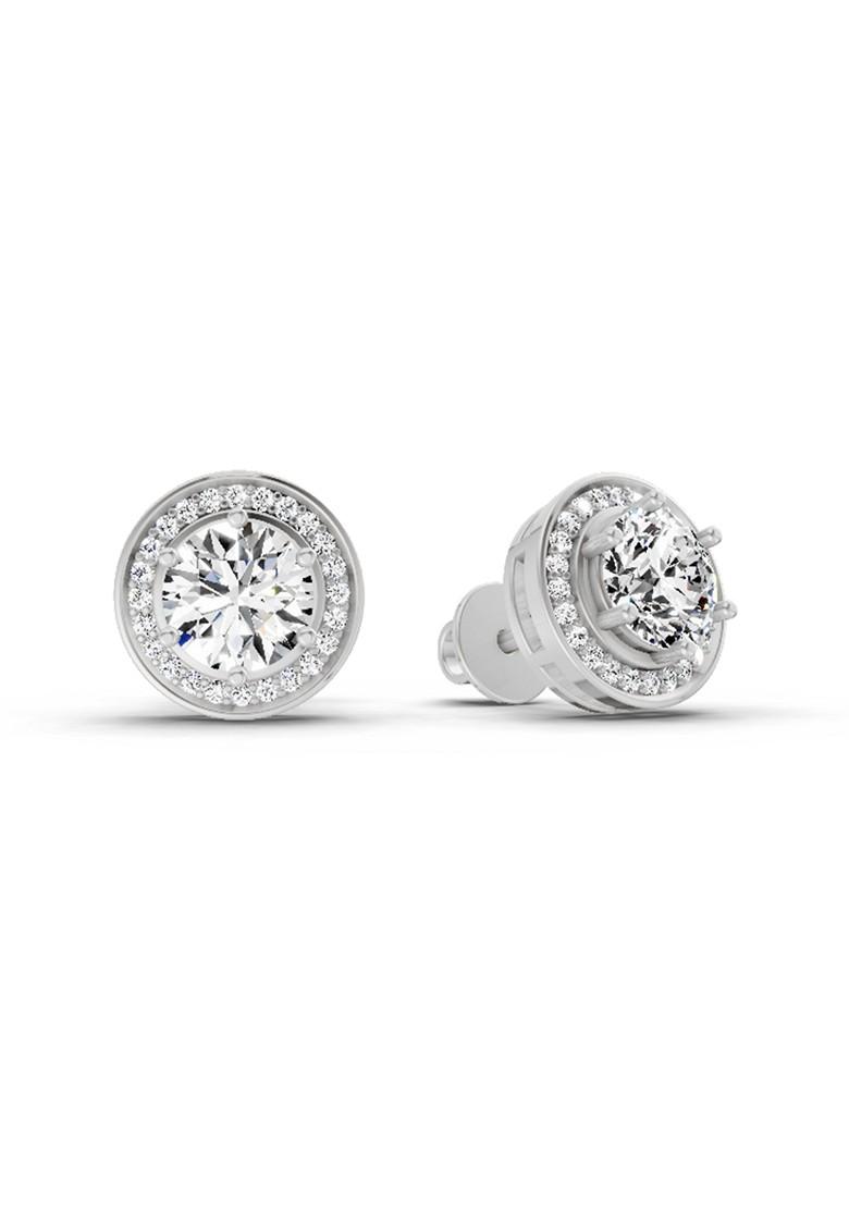 14Kt White Gold Lab Grown Diamond 1.39 Carat Round Halo Stud Earrings For Women