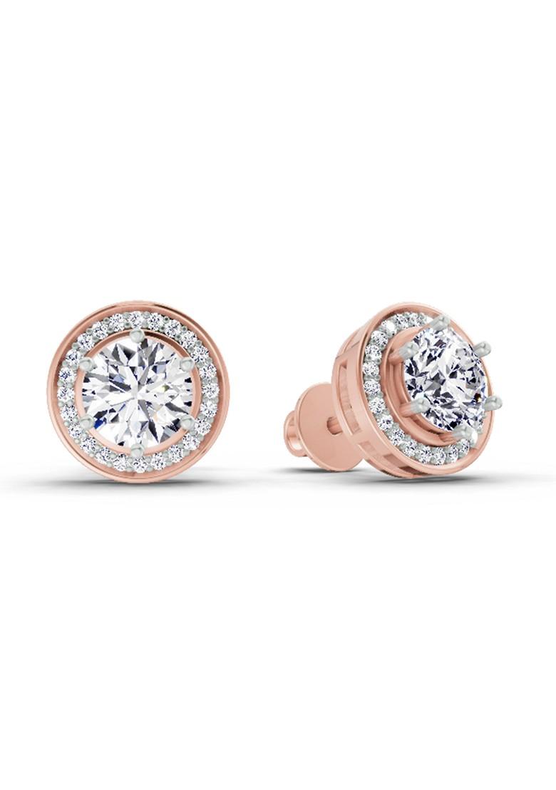 14Kt Rose Gold Lab Grown Diamond 1.39 Carat Round Halo Stud Earrings For Women