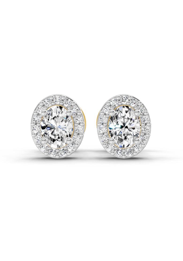 14Kt Yellow Gold Lab Grown Diamond 0.09 Carat Oval Halo Stud Earrings For Women
