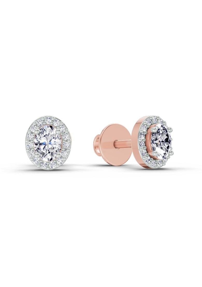 14Kt Rose Gold Lab Grown Diamond 0.09 Carat Oval Halo Stud Earrings For Women