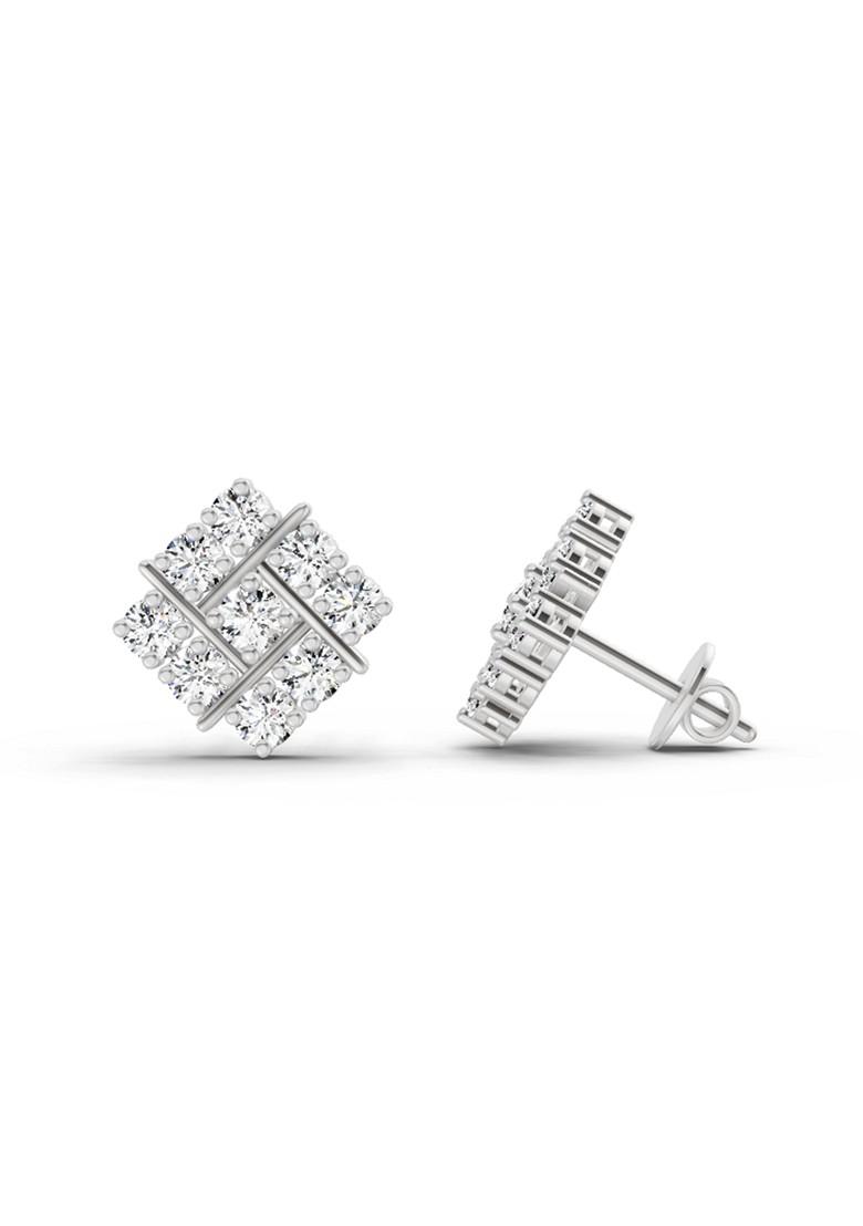 14Kt White Gold Lab Grown Diamond 0.97 Carat Square Cluster Stud Earrings For Women