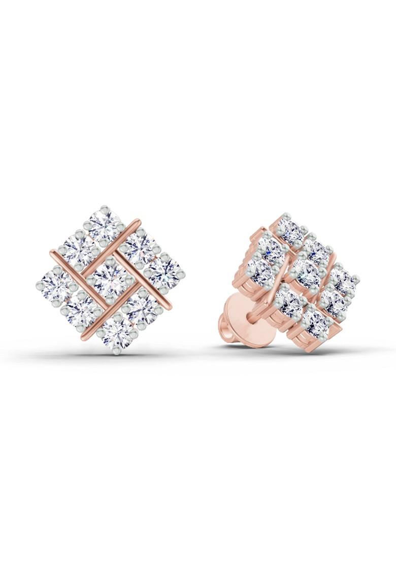 14Kt Rose Gold Lab Grown Diamond 0.97 Carat Square Cluster Stud Earrings For Women