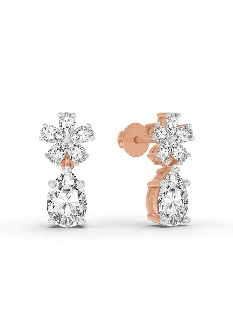14Kt Rose Gold Lab Grown Diamond 2.8 Carat Floral Pear Drop Earrings For Women