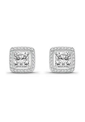 14Kt White Gold Lab Grown Diamond 1.19 Carat Princess Halo Stud Earrings For Women