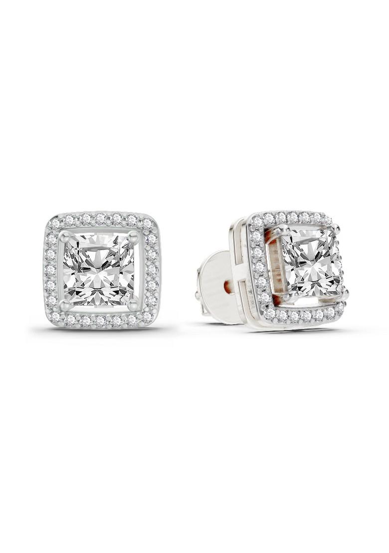 14Kt White Gold Lab Grown Diamond 1.19 Carat Princess Halo Stud Earrings For Women
