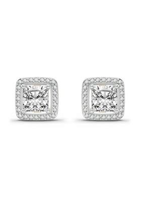 14Kt Yellow Gold Lab Grown Diamond 1.19 Carat Princess Halo Stud Earrings For Women