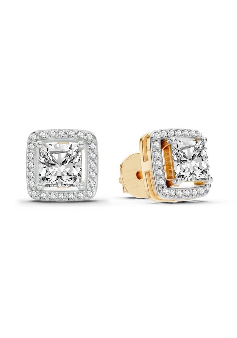14Kt Yellow Gold Lab Grown Diamond 1.19 Carat Princess Halo Stud Earrings For Women