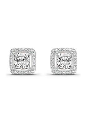 14Kt Rose Gold Lab Grown Diamond 1.19 Carat Princess Halo Stud Earrings For Women