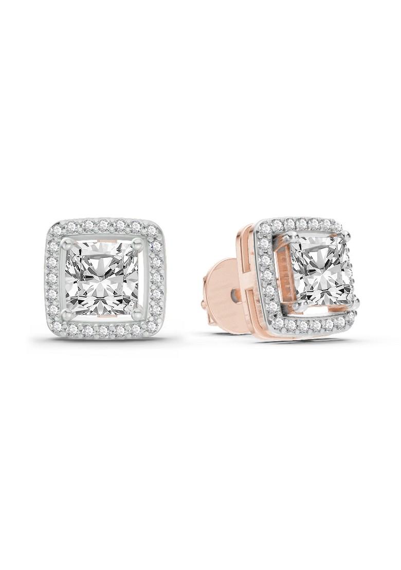 14Kt Rose Gold Lab Grown Diamond 1.19 Carat Princess Halo Stud Earrings For Women