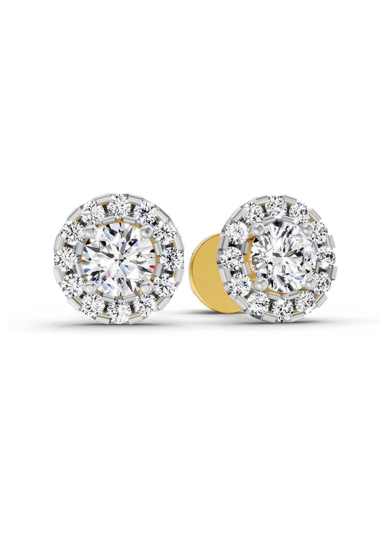14Kt Yellow Gold Lab Grown Diamond 1 Carat Round Halo Stud Earrings For Women
