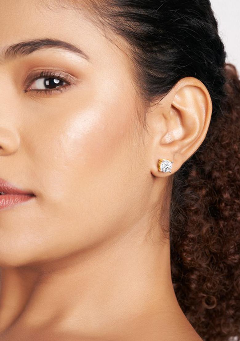 14Kt Yellow Gold Lab Grown Diamond 2 Carat4 Prong Round Shape Diamond Earrings For Women