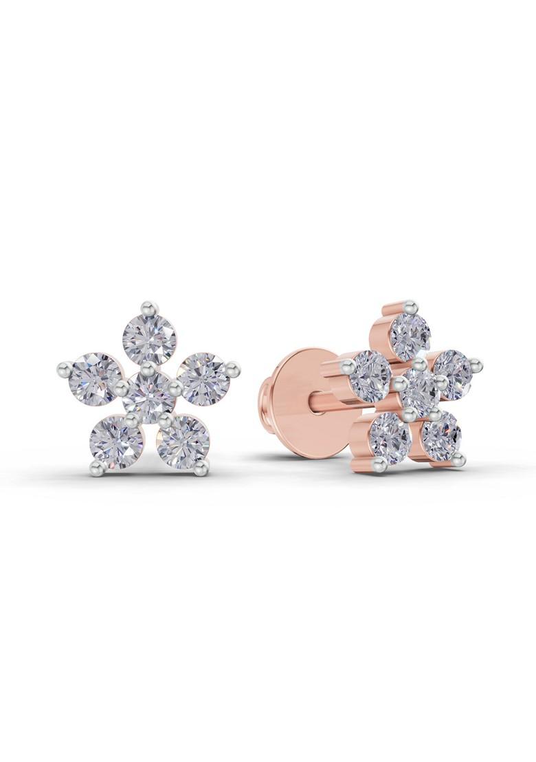 14Kt Rose Gold Lab Grown Diamond 0.35 Carat Round Shape Diamond Flower Stud Earrings For Women