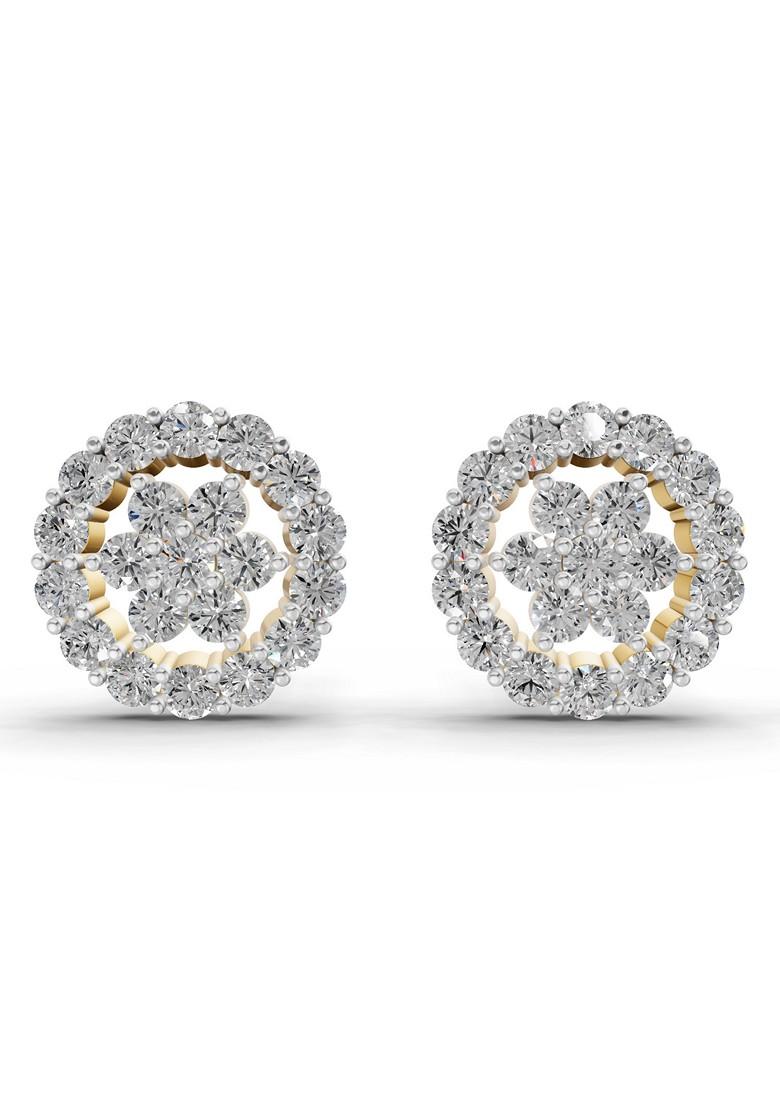 14Kt Yellow Gold Lab Grown Diamond 0.67 Carat Round Shape Floral Cluster Diamond Stud Earrings For Women