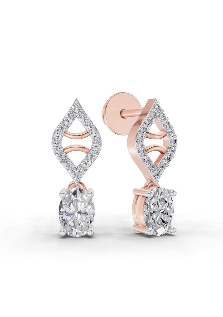 14Kt Rose Gold Lab Grown Diamond 0.88 CaratOval Diamond Leaf Drop Diamond Stud Earrings For Women