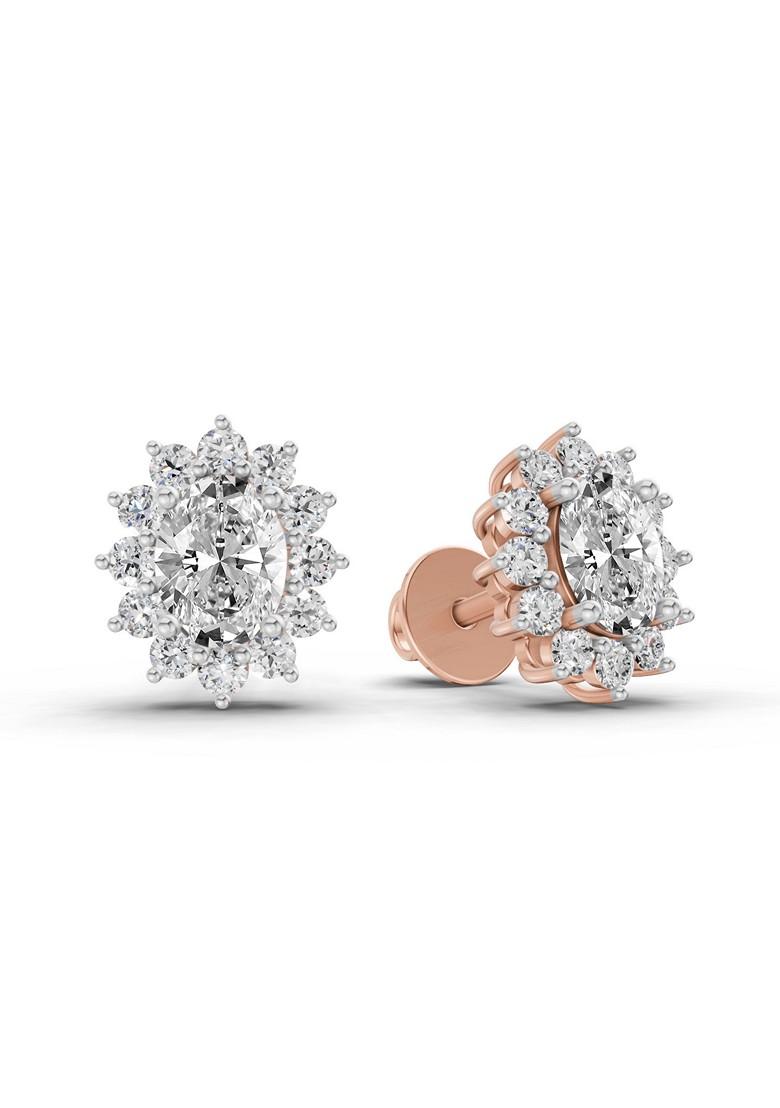 14Kt Rose Gold Lab Grown Diamond 0.95 CaratOval Cluster Diamond Stud Earrings For Women