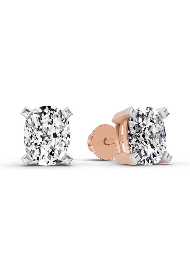 14Kt Rose Gold Lab Grown Diamond 2.64 Carat Cushion Shape 4 Prong Solitaire Diamond Stud Earrings For Women