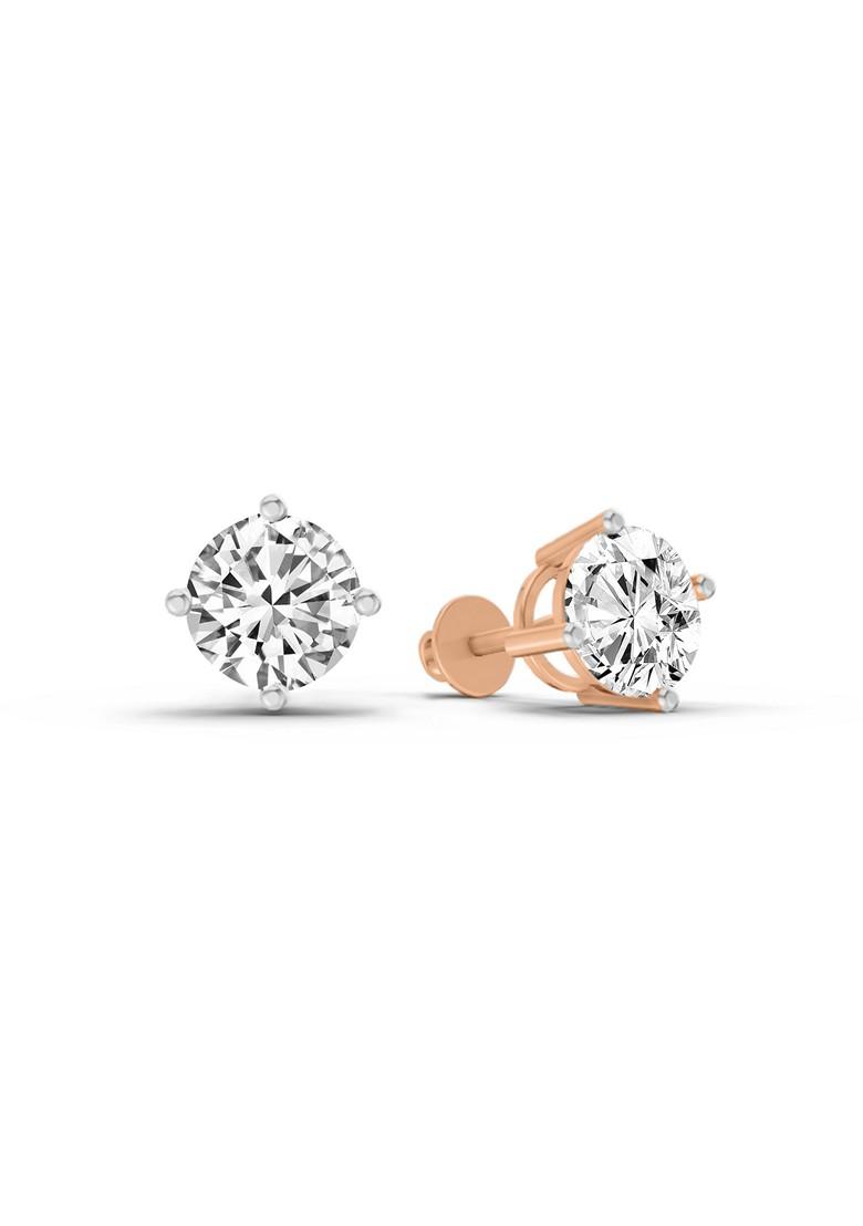 14Kt Rose Gold Lab Grown Diamond 2.28 Carat Round Shape 4 Prong Solitaire Diamond Stud Earrings For Women