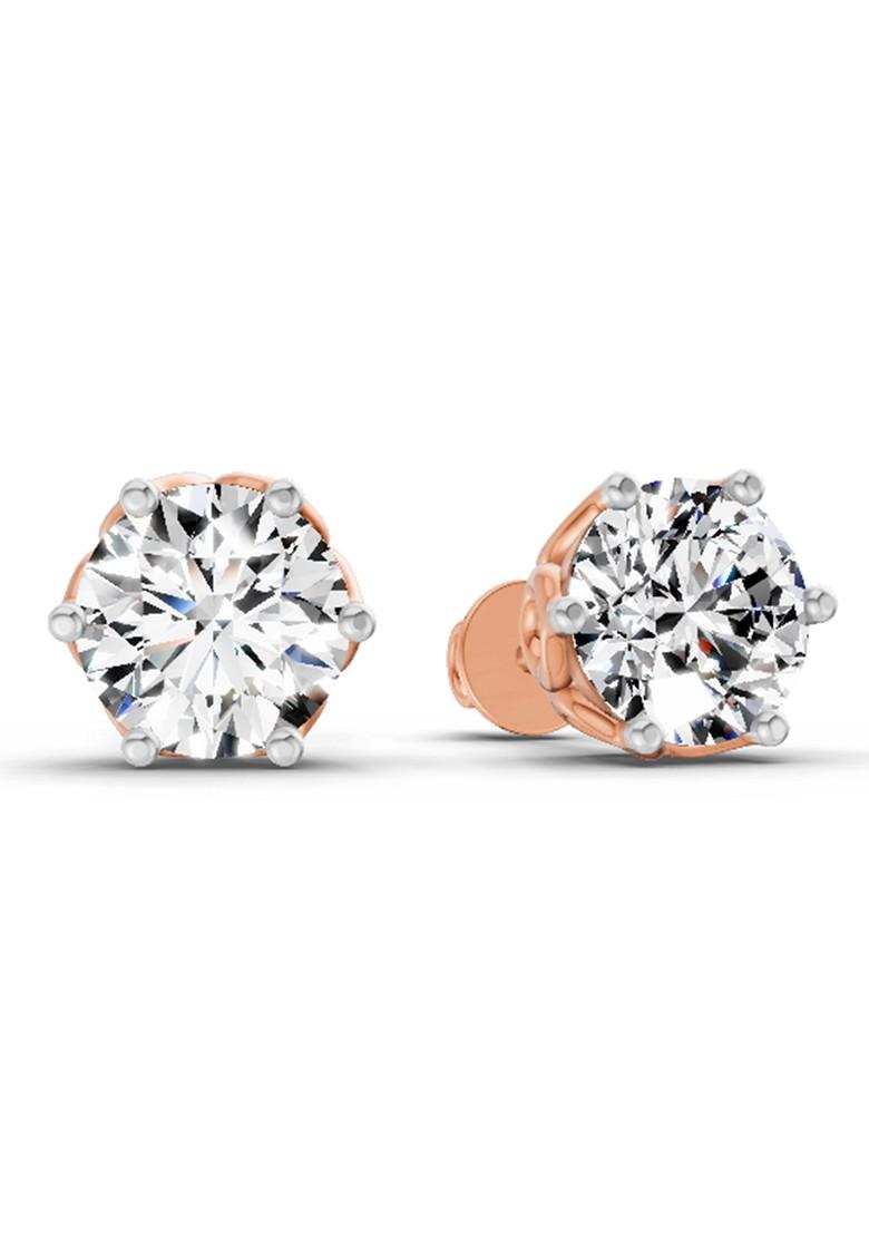 14Kt Rose Gold Lab Grown Diamond 2.28 Carat Round Shape 6 Prong Solitaire Diamond Stud Earrings For Women