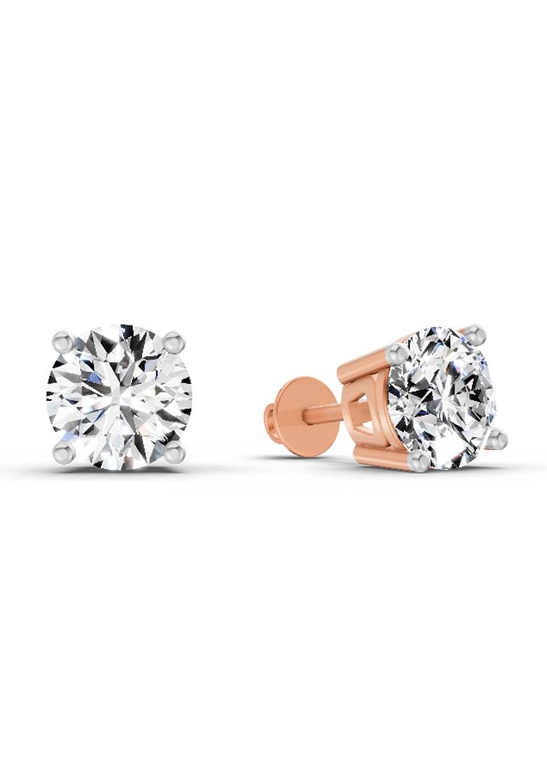 14Kt Rose Gold Lab Grown Diamond 2.39 Carat Round Shape 4 Prong Solitaire Diamond Stud Earrings For Women