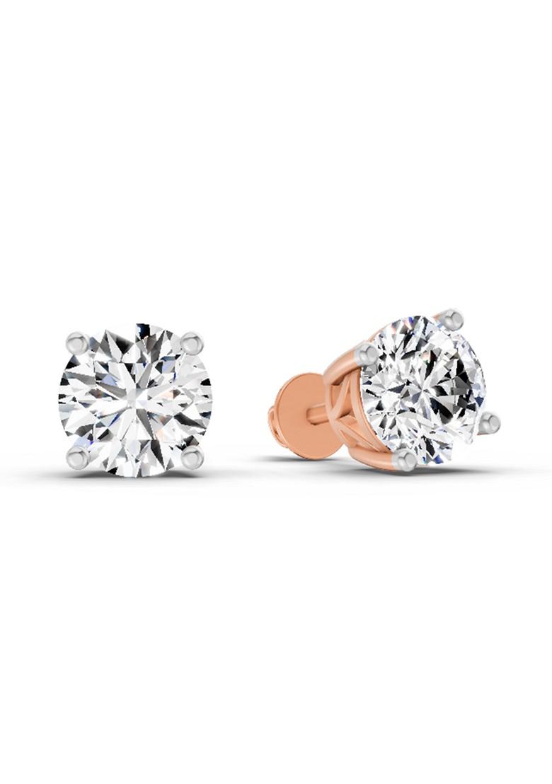 14Kt Rose Gold Lab Grown Diamond 2.28 Carat Round Shape 4 Prong Solitaire Diamond Stud Earrings For Women