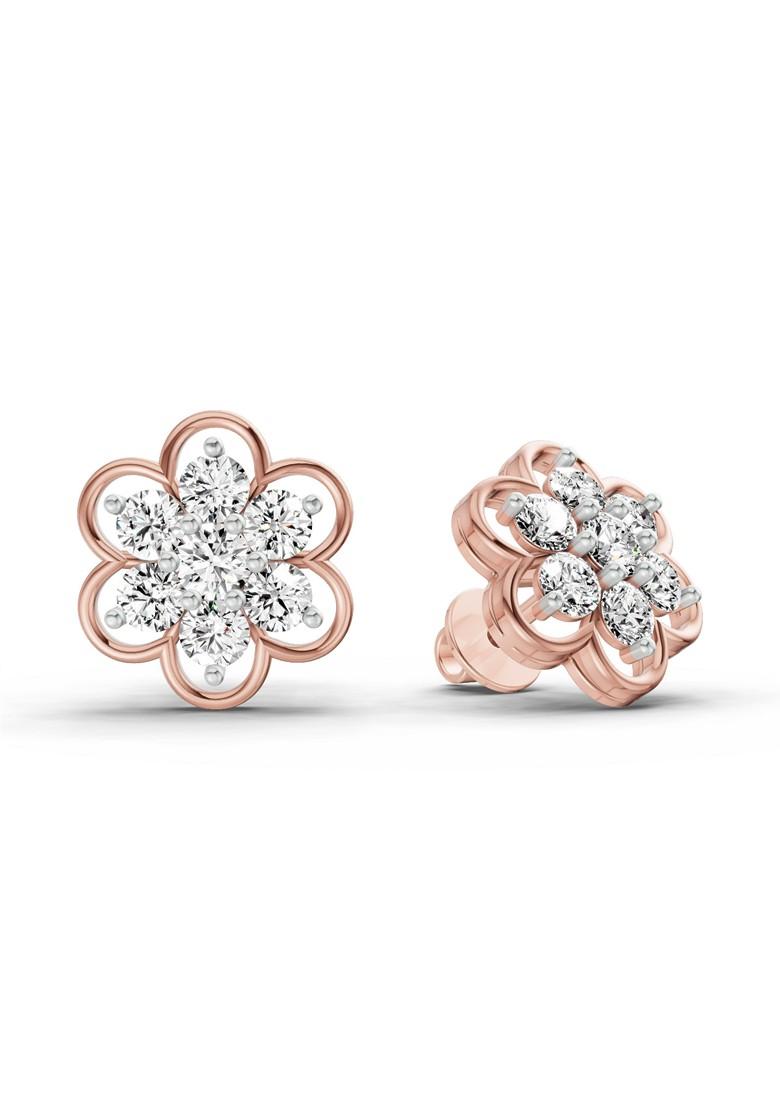 14Kt Rose Gold Lab Grown Diamond 1.20 Carat Round Shape Floral Cluster Diamond Stud Earrings For Women