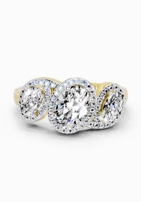 14Kt Yellow Gold Lab Grown Diamond 2 Carat Oval Three Stone Halo Ring for Women