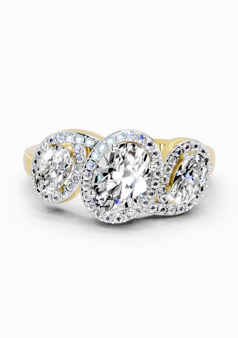 14Kt Yellow Gold Lab Grown Diamond 2 Carat Oval Three Stone Halo Ring for Women