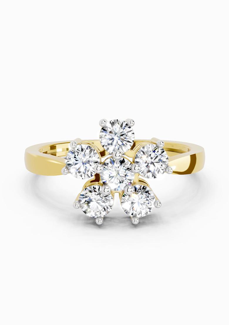 14Kt Yellow Gold Lab Grown Diamond 0.66 Carat Round Shape Flower Diamond Ring for Women