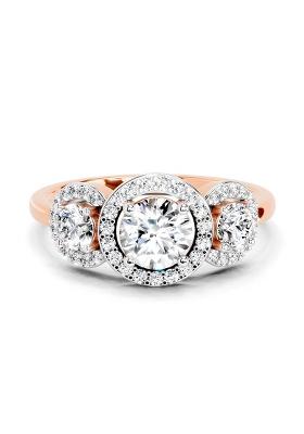 14Kt Rose Gold Lab Grown Diamond 1.01 Carat Round 3 Stone Halo Diamond Ring for Women