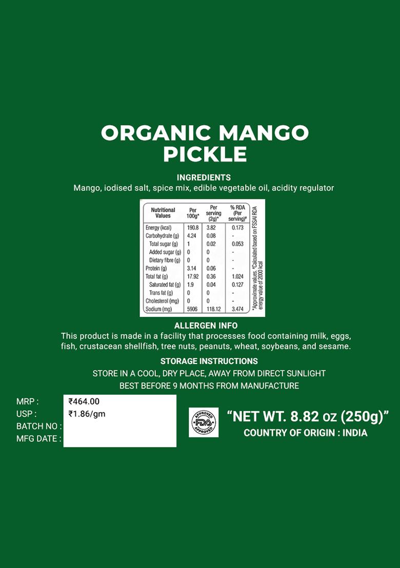 Organic Mango Pickle - Authentic Taste 8.82 oz (250 g) - Indya