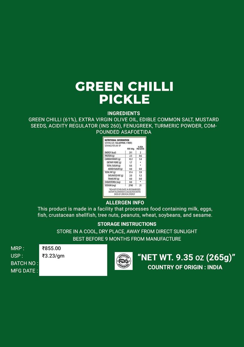 Green Chilli Pickle - Olive Oil Infused 9.35 oz (265 g) - Indya