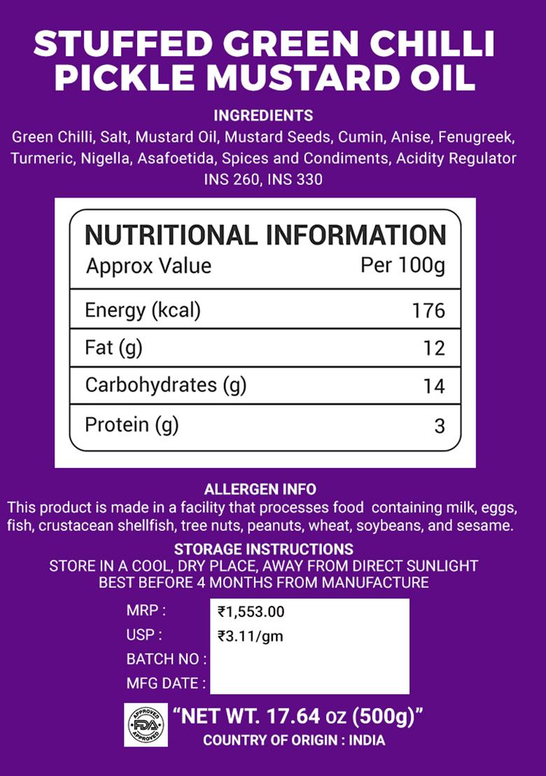 Stuffed Green Chilli Pickle - Mustard Oil 17.64 oz (500 g) - Indya