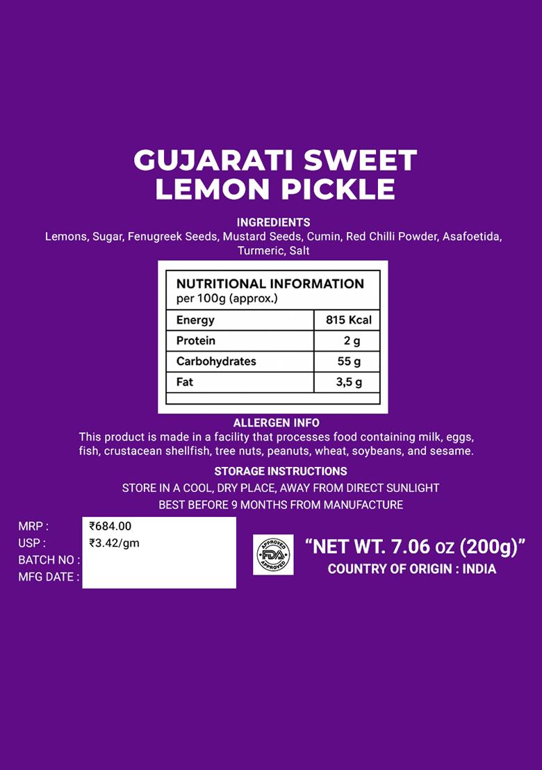 Gujarati Sweet Lemon Pickle 7.06 oz (200 g) - Indya