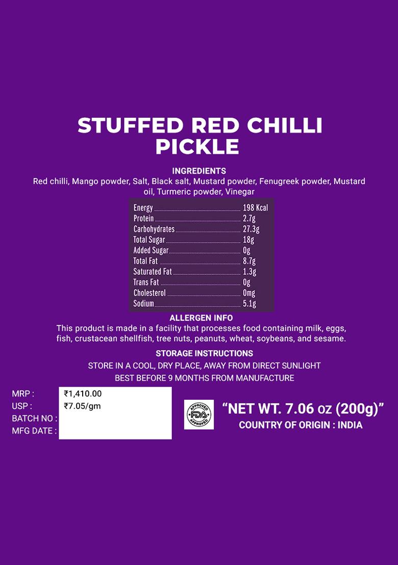 Stuffed Red Chilli Pickle - Homemade 7.06 oz (200 g) - Indya