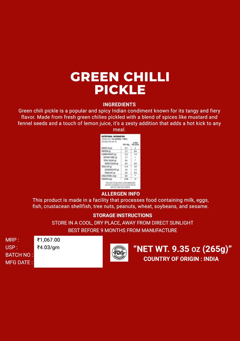 Green Chilli Pickle - Olive Oil Infused 9.35 oz (265 g) - Indya