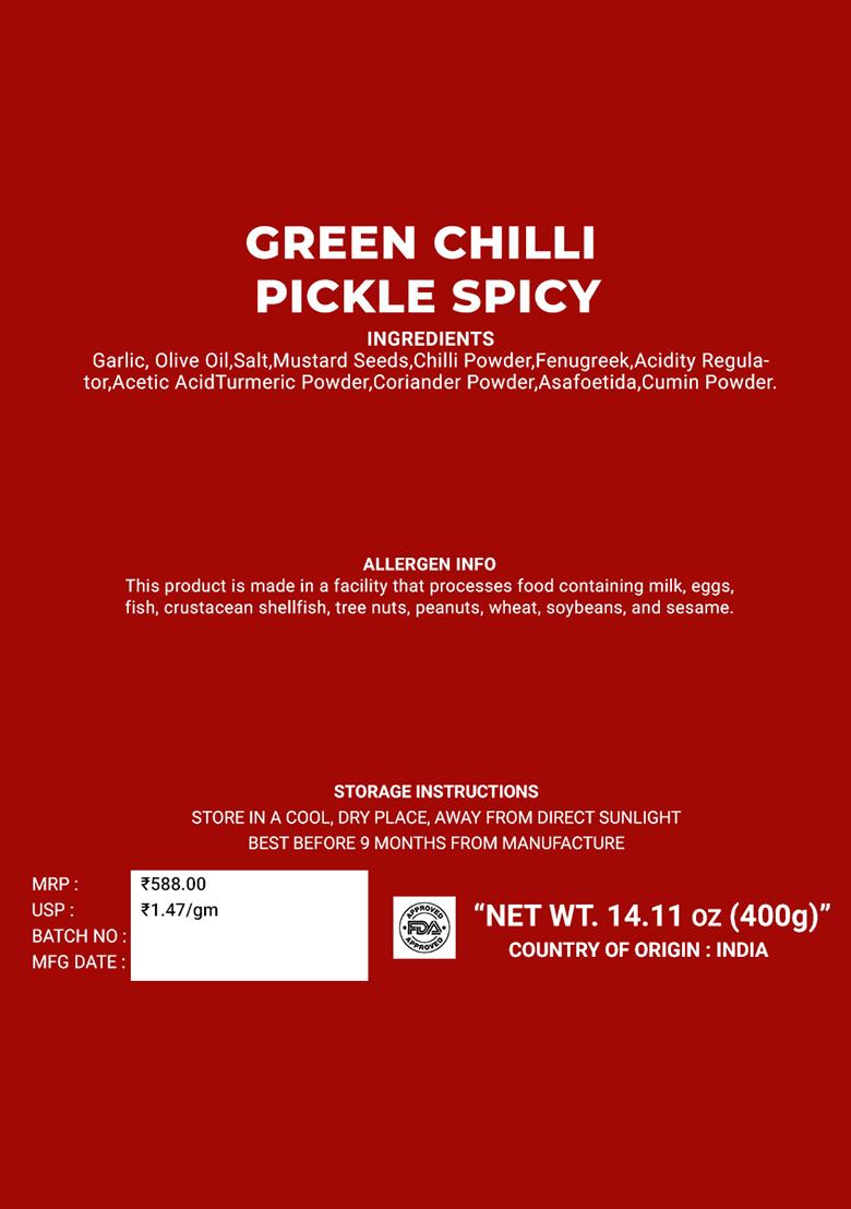 Green Chilli Pickle - Hommade Brand 14.11 oz (400 g) - Indya