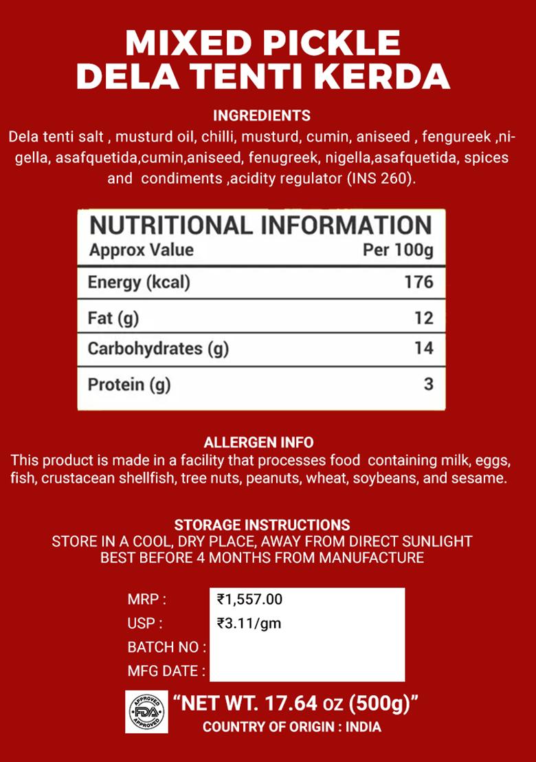 Mixed Pickle - Dela Tenti Kerda 17.64 oz (500 g) - Indya