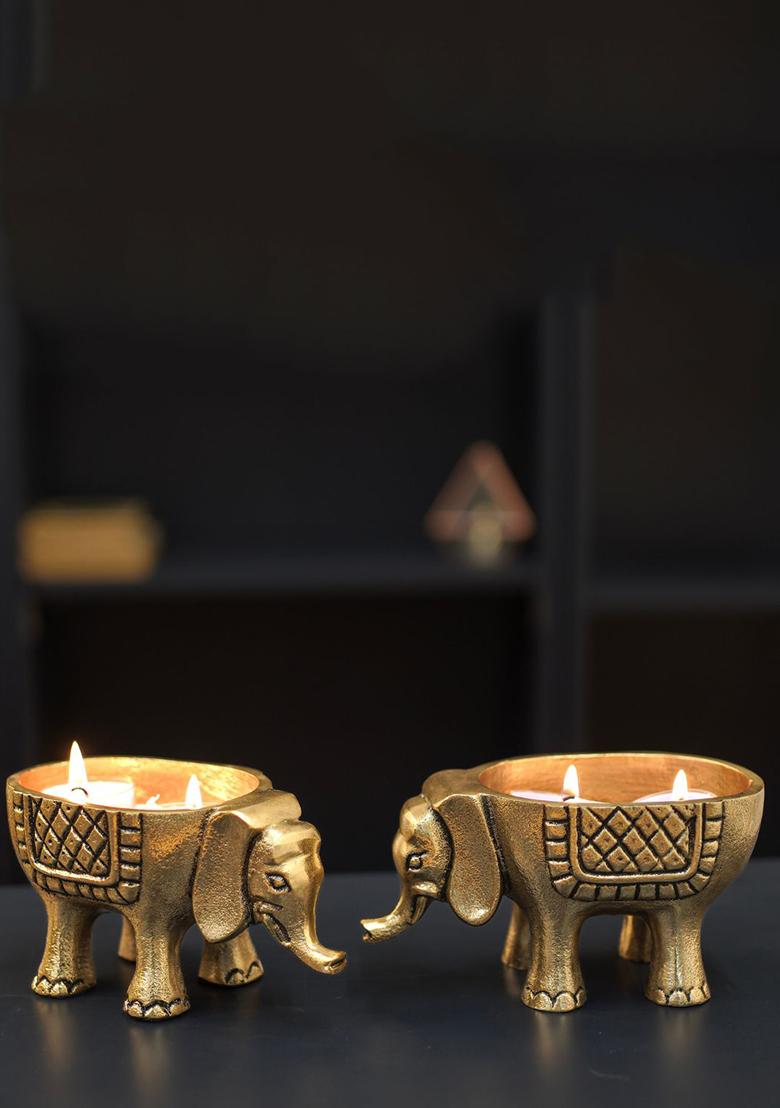 Gold Metal Elephant Figurine Decorative Accent (Set Of 2)