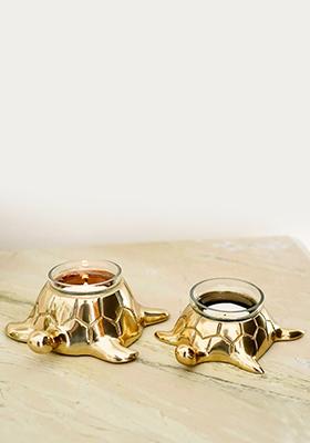 Gold Metal Pair Of Turtle Figurine Decorative Ornament