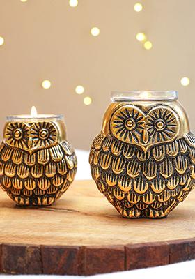 Gold Owls Pair Candle Holder Set Gold Design