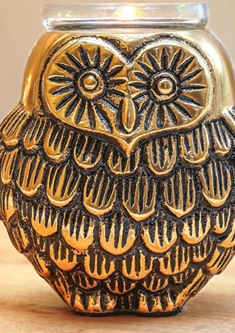 Gold Owls Pair Candle Holder Set Gold Design