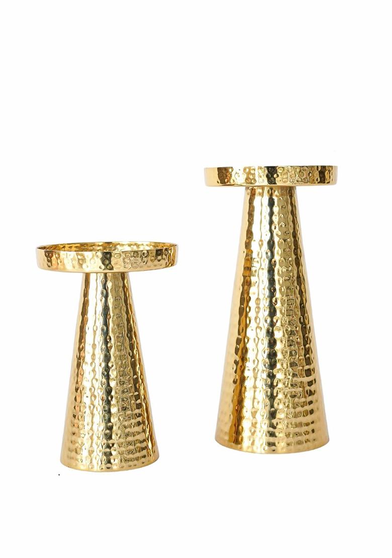 Gold Metal Hammered Candle Holder (Set Of 2)