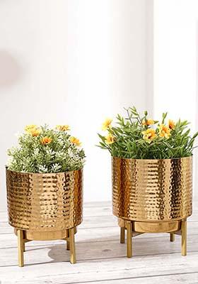 Gold Hammered Metal Planter Set