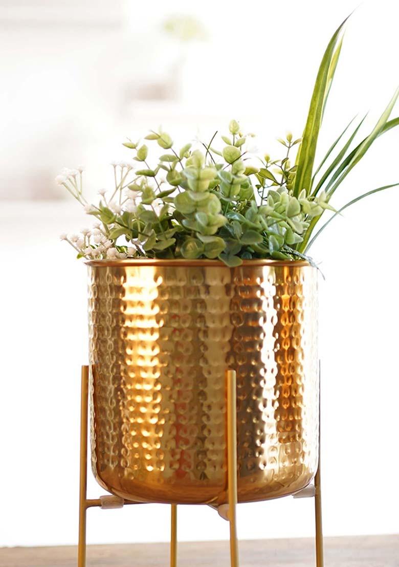 Gold Hammered Metal Planter Set