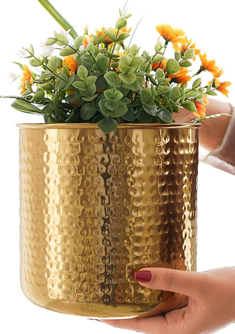 Gold Hammered Metal Planter Set
