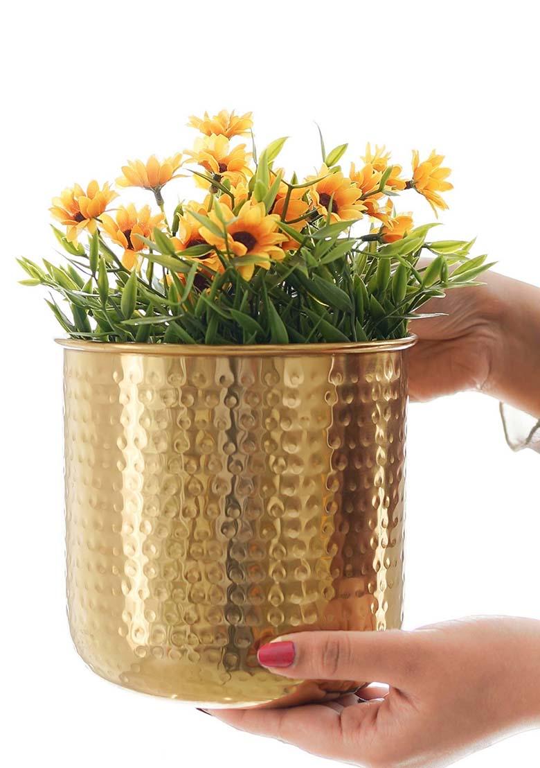 Gold Hammered Metal Planter Set