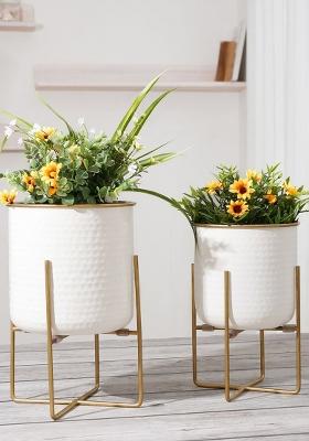 White Hammered Metal Planter Set